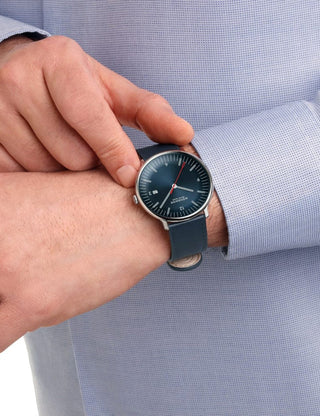 Angle shot of Mondaine MLE.41240.LQV.SET Blue Leather Unisex Watch on white background