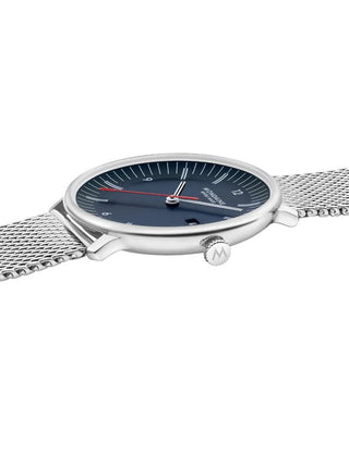 Angle shot of Mondaine MLE.41240.LQV.SET Blue Leather Unisex Watch on white background