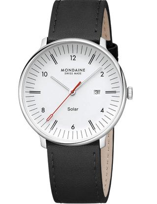 Front view of Mondaine MLE.41910.LBV White Dial Black Leather Unisex Watch on white background
