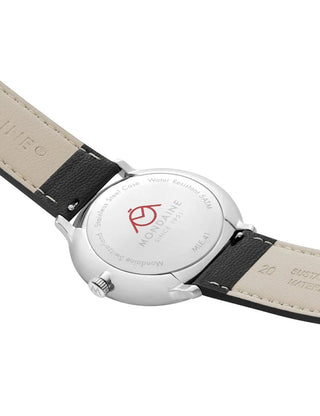 Angle shot of Mondaine MLE.41910.LBV White Dial Black Leather Unisex Watch on white background