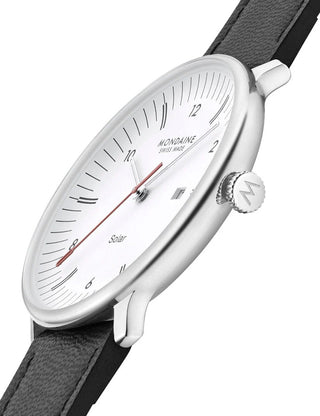 Angle shot of Mondaine MLE.41910.LBV White Dial Black Leather Unisex Watch on white background