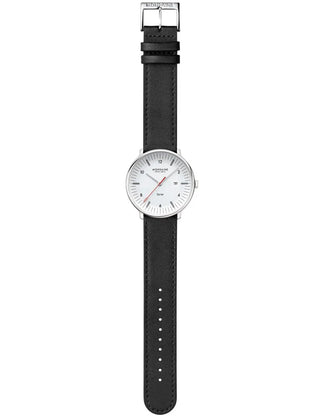 Angle shot of Mondaine MLE.41910.LBV White Dial Black Leather Unisex Watch on white background