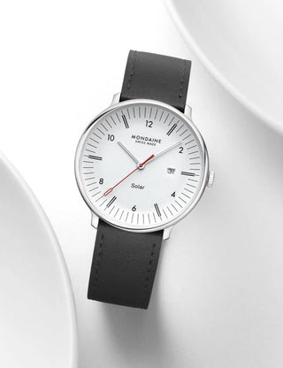 Angle shot of Mondaine MLE.41910.LBV White Dial Black Leather Unisex Watch on white background