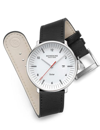 Angle shot of Mondaine MLE.41910.LBV White Dial Black Leather Unisex Watch on white background
