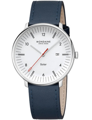 Front view of Mondaine MLE.41910.LDV White Dial Blue Leather Unisex Watch on white background