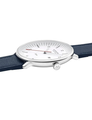Angle shot of Mondaine MLE.41910.LDV White Dial Blue Leather Unisex Watch on white background