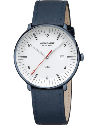 Front view of Mondaine MLE.41910.LQV White Dial Blue Leather Unisex Watch on white background