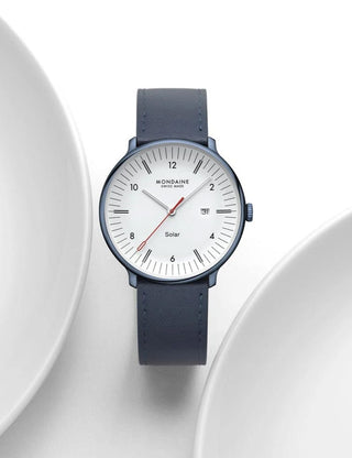 Angle shot of Mondaine MLE.41910.LQV White Dial Blue Leather Unisex Watch on white background