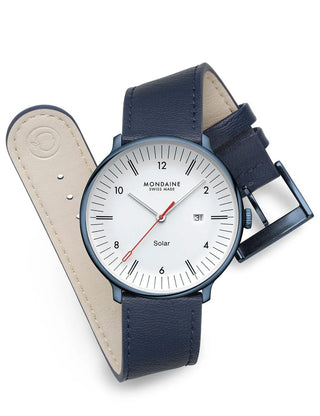 Angle shot of Mondaine MLE.41910.LQV White Dial Blue Leather Unisex Watch on white background