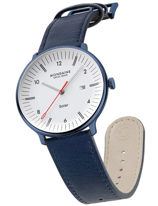 Angle shot of Mondaine MLE.41910.LQV White Dial Blue Leather Unisex Watch on white background