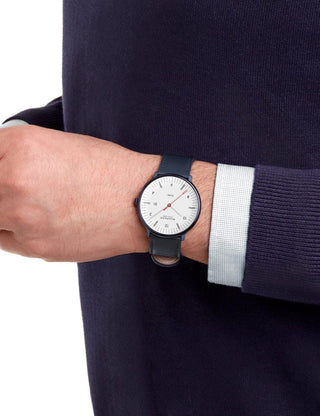 Angle shot of Mondaine MLE.41910.LQV White Dial Blue Leather Unisex Watch on white background
