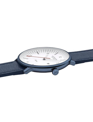 Angle shot of Mondaine MLE.41910.LQV White Dial Blue Leather Unisex Watch on white background