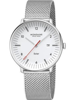 Front view of Mondaine MLE.41910.SM White Dial Silver Stainless Steel Unisex Watch on white background