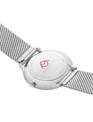 Angle shot of Mondaine MLE.41910.SM White Dial Silver Stainless Steel Unisex Watch on white background
