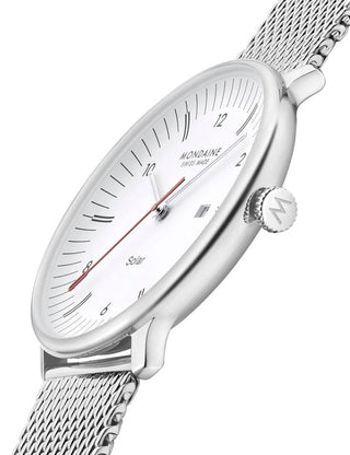 Angle shot of Mondaine MLE.41910.SM White Dial Silver Stainless Steel Unisex Watch on white background