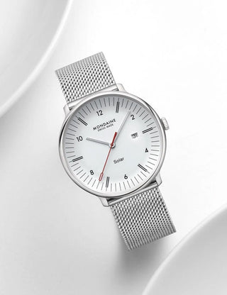 Angle shot of Mondaine MLE.41910.SM White Dial Silver Stainless Steel Unisex Watch on white background