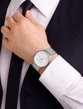 Angle shot of Mondaine MLE.41910.SM White Dial Silver Stainless Steel Unisex Watch on white background
