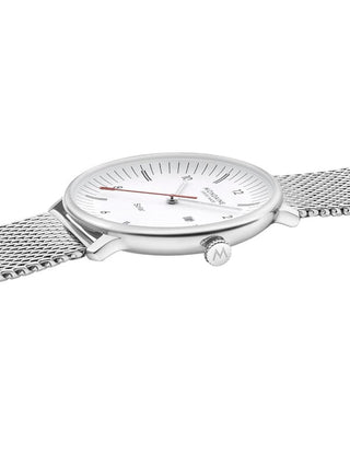 Angle shot of Mondaine MLE.41910.SM White Dial Silver Stainless Steel Unisex Watch on white background