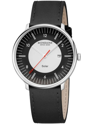 Front view of Mondaine MLE.41920.LBV Black Leather Unisex Watch on white background