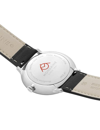 Angle shot of Mondaine MLE.41920.LBV Black Leather Unisex Watch on white background