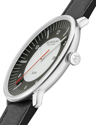 Angle shot of Mondaine MLE.41920.LBV Black Leather Unisex Watch on white background