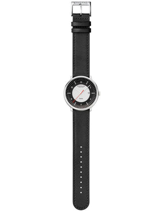 Angle shot of Mondaine MLE.41920.LBV Black Leather Unisex Watch on white background