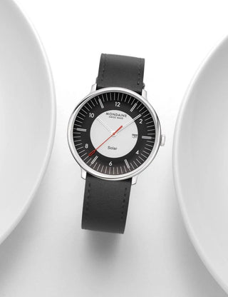 Angle shot of Mondaine MLE.41920.LBV Black Leather Unisex Watch on white background