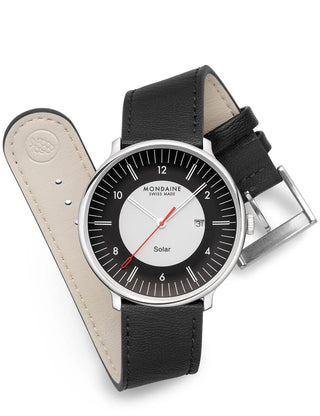 Angle shot of Mondaine MLE.41920.LBV Black Leather Unisex Watch on white background