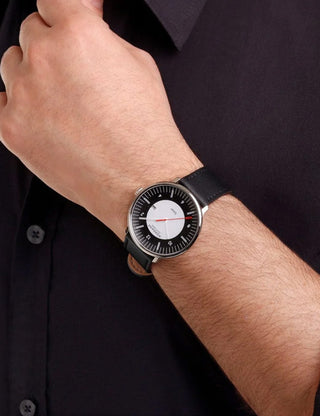 Angle shot of Mondaine MLE.41920.LBV Black Leather Unisex Watch on white background