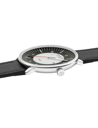 Angle shot of Mondaine MLE.41920.LBV Black Leather Unisex Watch on white background