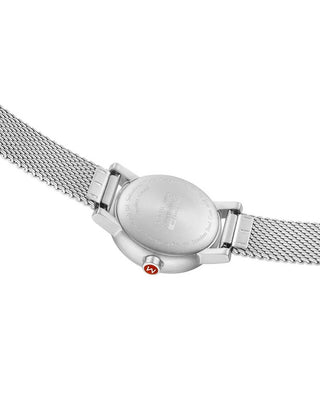 Angle shot of Mondaine MSE.26110.SM White Dial Silver Stainless Steel Womens Watch on white background