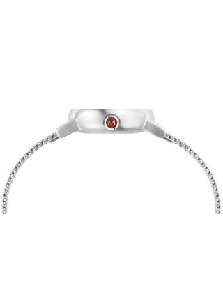 Angle shot of Mondaine MSE.26110.SM White Dial Silver Stainless Steel Womens Watch on white background