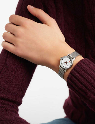 Angle shot of Mondaine MSE.26110.SM White Dial Silver Stainless Steel Womens Watch on white background