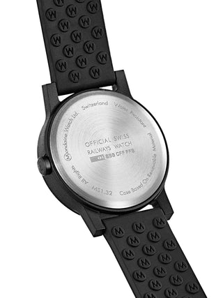 Angle shot of Mondaine MS1.32110.RB White Dial Black Silicone Womens Watch on white background
