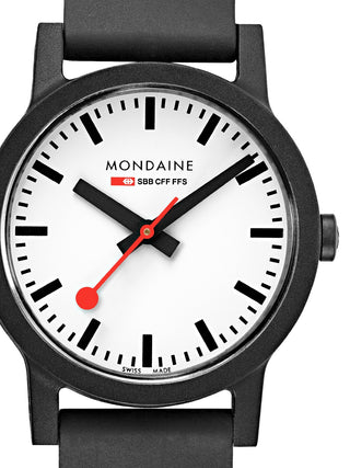 Front view of Mondaine MS1.32110.RB White Dial Black Silicone Womens Watch on white background