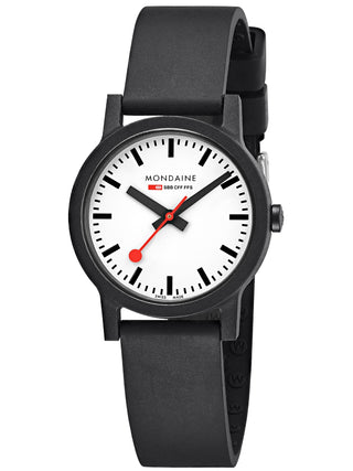 Angle shot of Mondaine MS1.32110.RB White Dial Black Silicone Womens Watch on white background