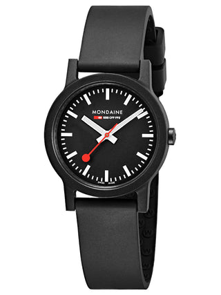 Angle shot of Mondaine MS1.32120.RB Black Silicone Womens Watch on white background
