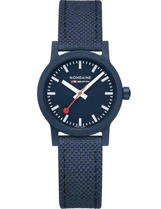 Angle shot of Mondaine MS1.32140.LD Blue Textile Womens Watch on white background