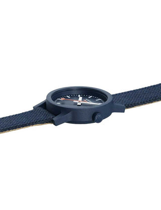 Angle shot of Mondaine MS1.32140.LD Blue Textile Womens Watch on white background