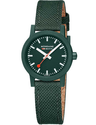 Angle shot of Mondaine MS1.32160.LF Green Textile Womens Watch on white background