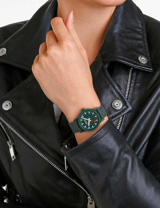 Angle shot of Mondaine MS1.32160.LF Green Textile Womens Watch on white background