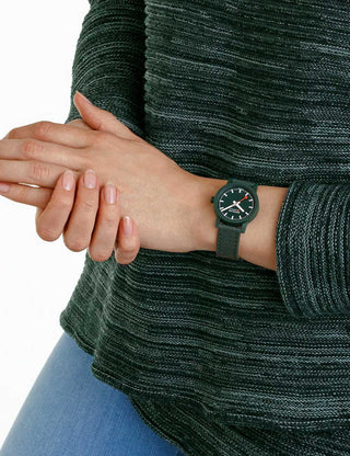 Angle shot of Mondaine MS1.32160.LF Green Textile Womens Watch on white background