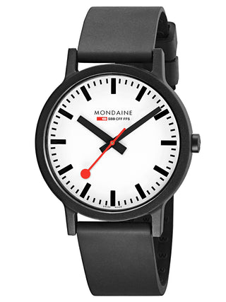 Angle shot of Mondaine MS1.41110.RB White Dial Black Silicone Unisex Watch on white background