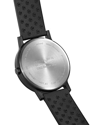 Angle shot of Mondaine MS1.41120.RB Black Silicone Unisex Watch on white background