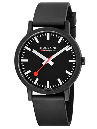 Angle shot of Mondaine MS1.41120.RB Black Silicone Unisex Watch on white background