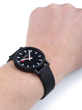 Angle shot of Mondaine MS1.41120.RB Black Silicone Unisex Watch on white background