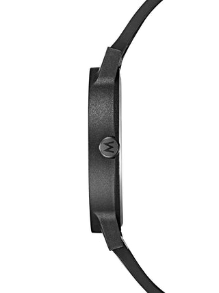 Angle shot of Mondaine MS1.41120.RB Black Silicone Unisex Watch on white background