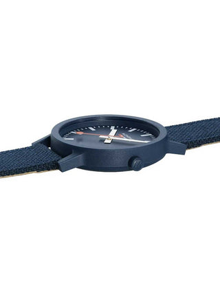 Angle shot of Mondaine MS1.41140.LD Blue Textile Unisex Watch on white background