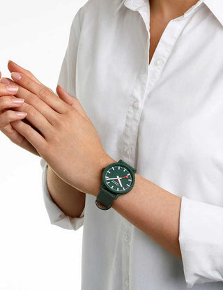 Angle shot of Mondaine MS1.41160.LF Green Textile Unisex Watch on white background