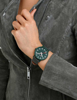 Angle shot of Mondaine MS1.41160.LF Green Textile Unisex Watch on white background